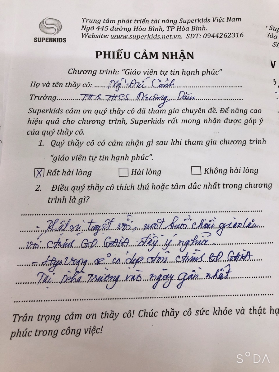 Phiếu cảm nhận của thầy Ngô Đức Cảnh