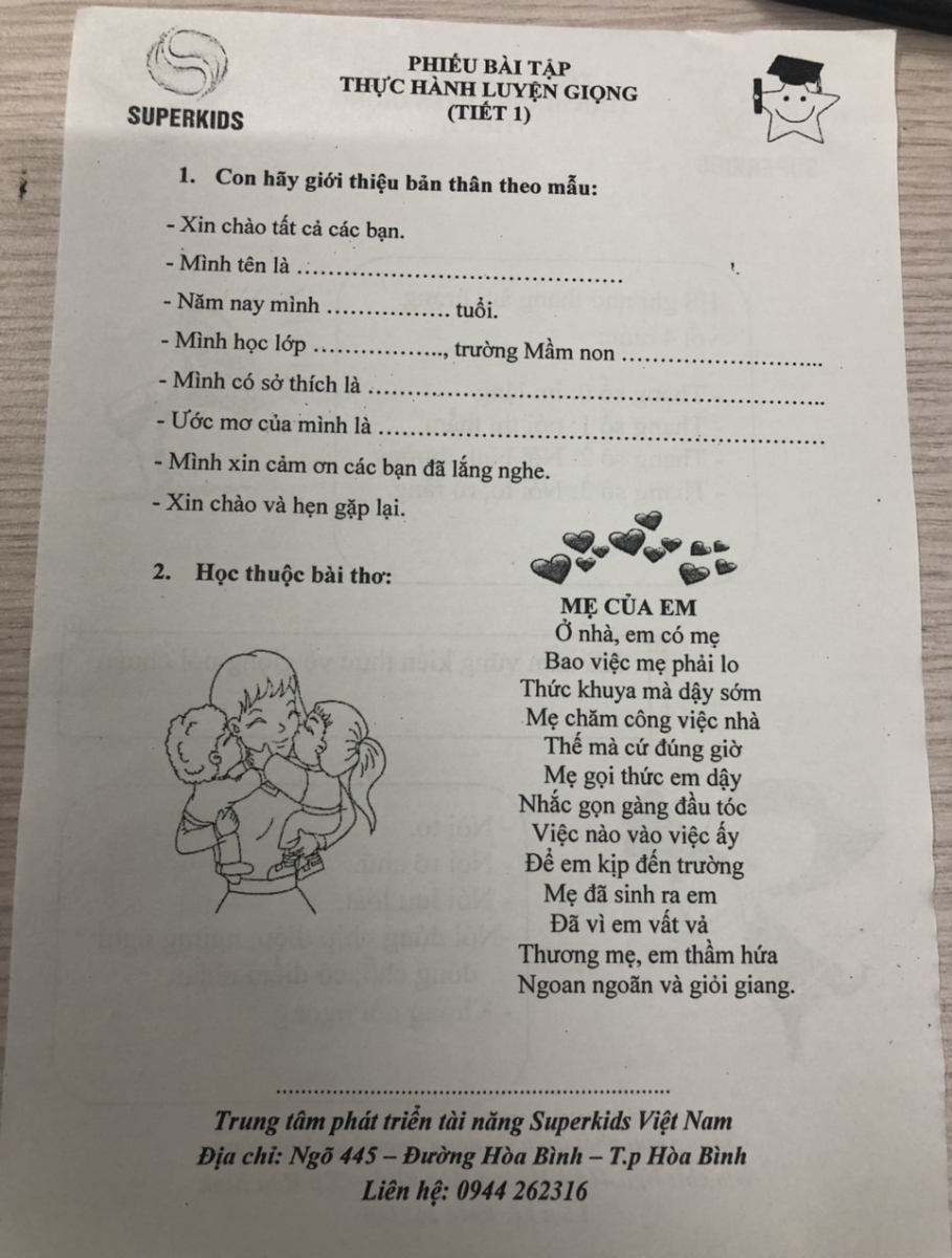 Phiếu bài tập "Thực hành luyện giọng"