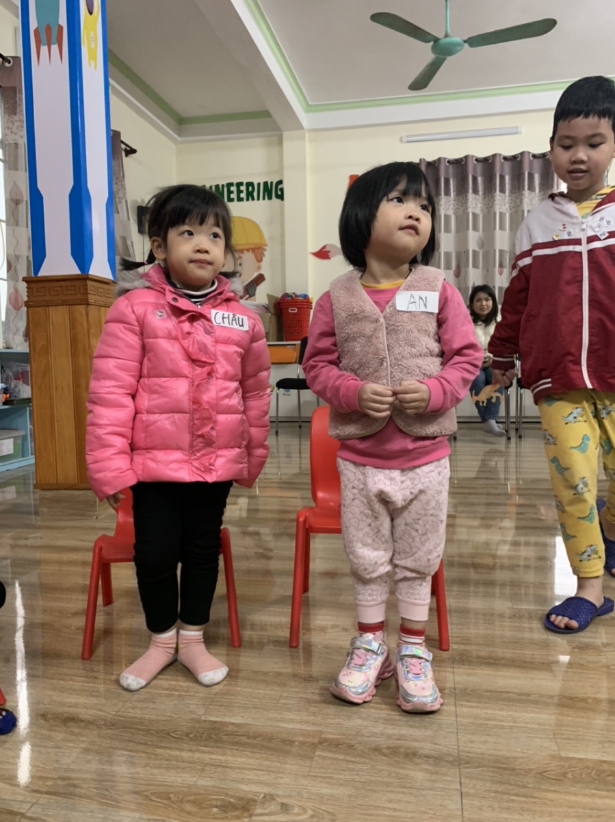 Các tư thế đứng của các bé trong tiết học nhập môn MC nhí tại trung tâm.